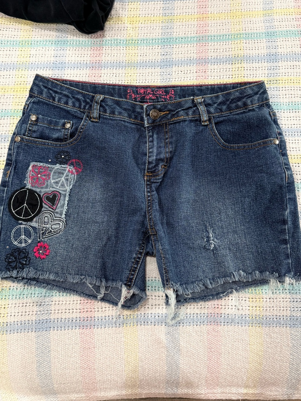 total girl Dark Denim Shorts with Embroidered Patches